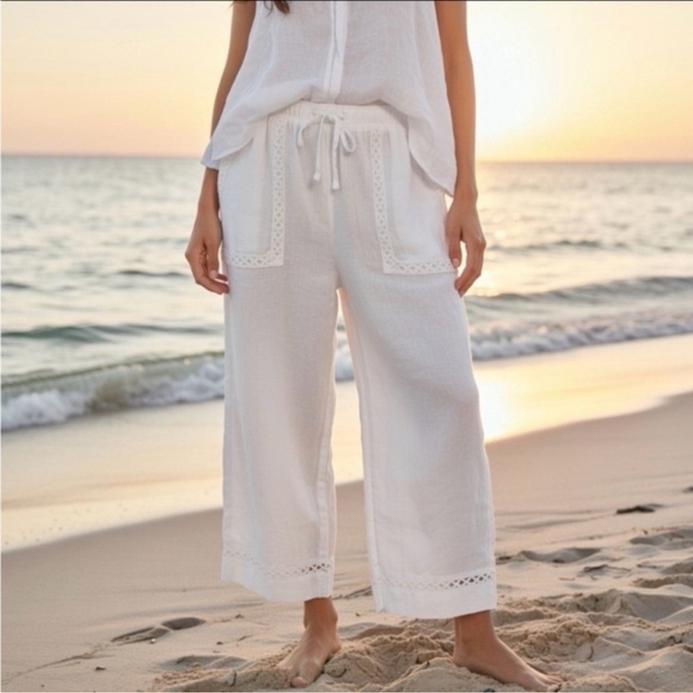 Joie White Linen Drawstring Cropped Pants Lace Trim Beach Coastal Size L NWT